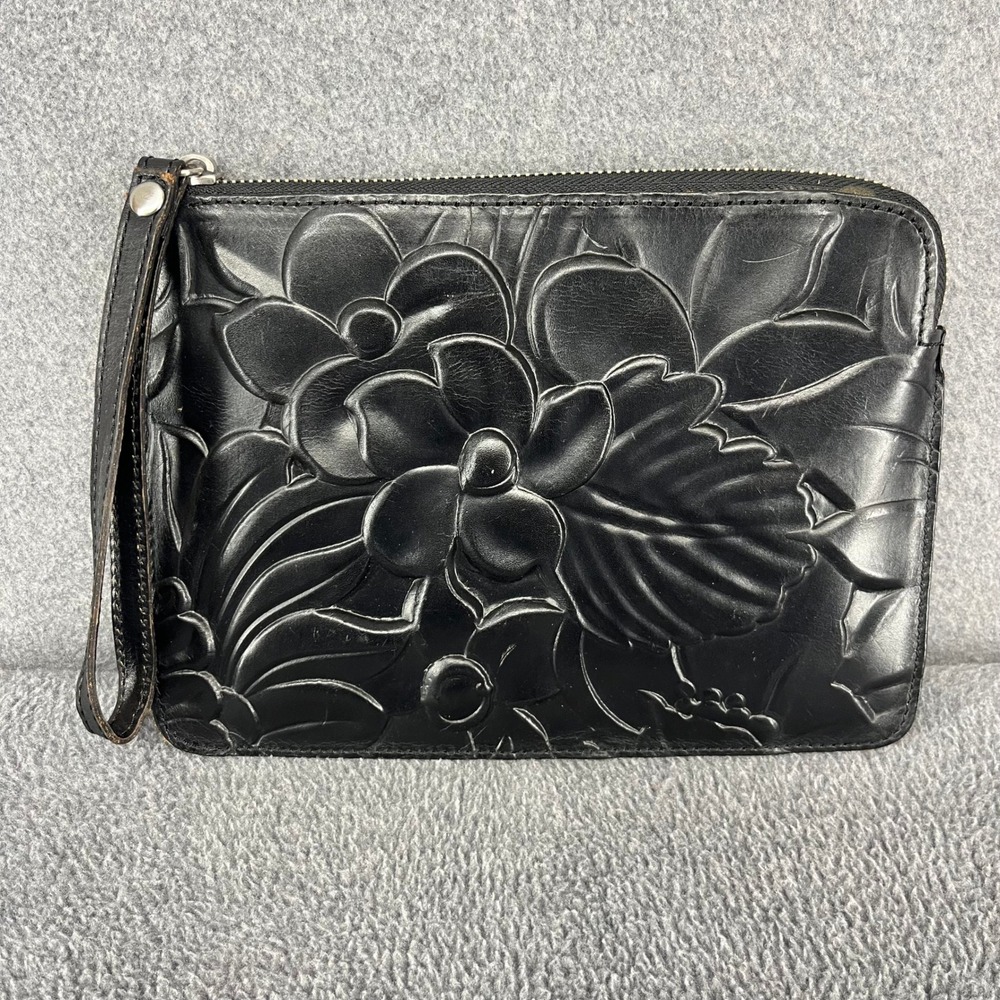 Patricia Nash Leather Wristlet Women Black Floral Embossed Tooled Clutch Bag